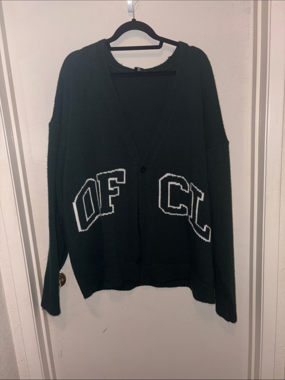 Boohoo Dark Green V-Neck Button Cardigan with White Lettering